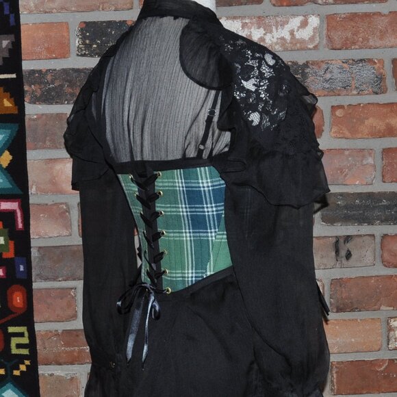 New Reversible Green Plaid & Denim Side & Back Lace-up Corset Bustier Top M - Picture 4 of 13